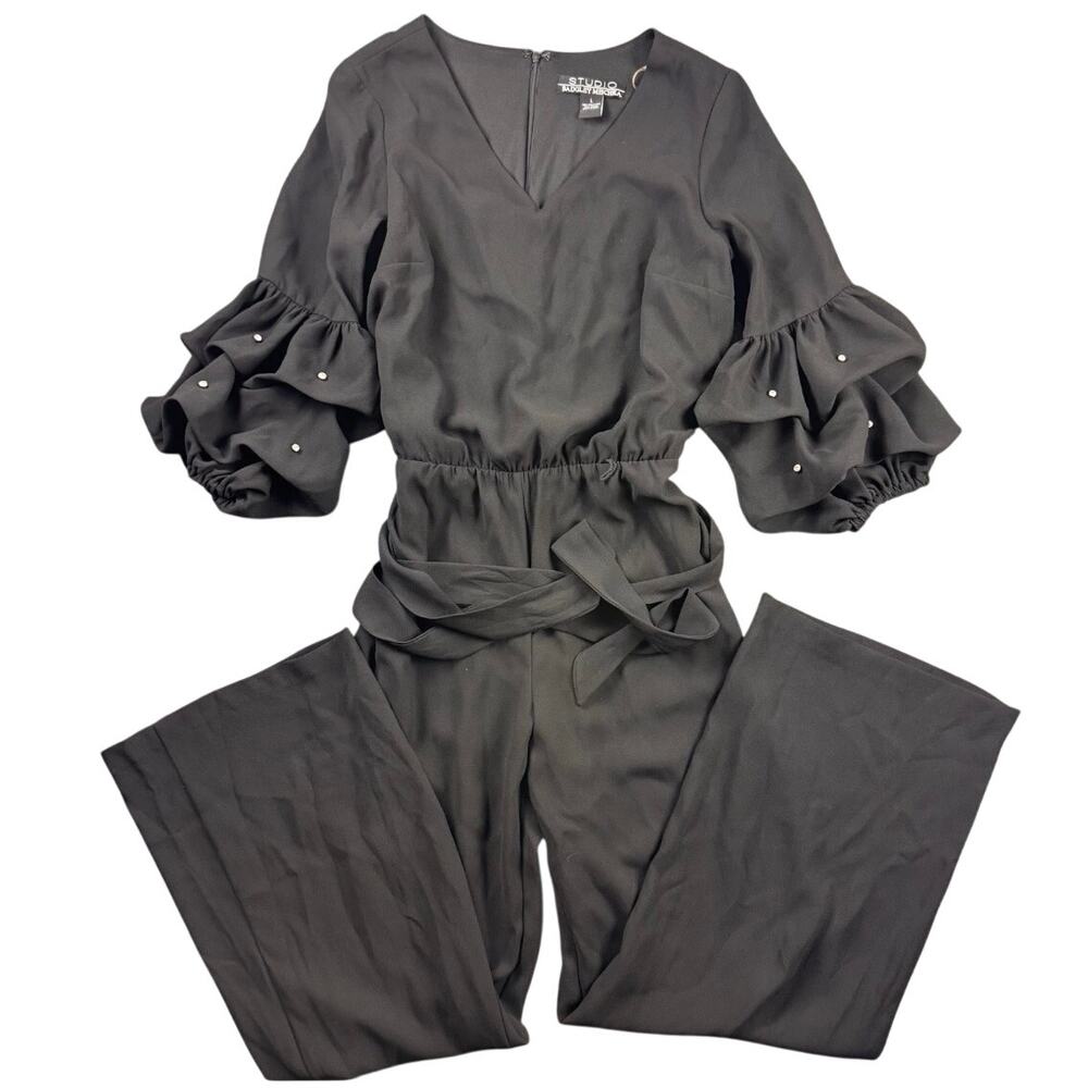 NWT Badgley Mischka Black Large‎ Embellished V-Neck Rushed Sleeve Jumpsuit